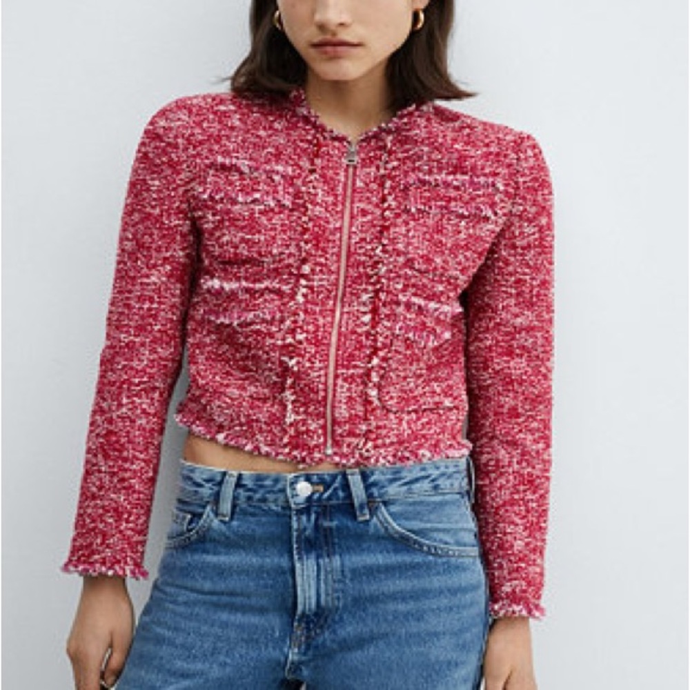 Mango 'Siena' Pocket Tweed Jacket in fuchsia/red and white